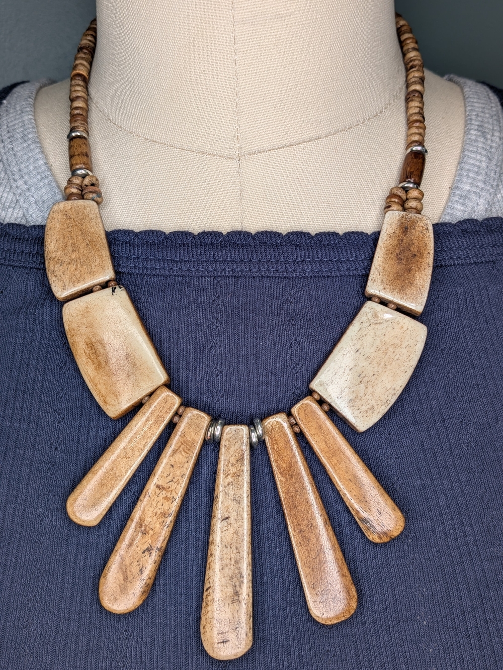 Avenue Faux Wood Bone Tribal Collar Statement Necklace Faux Leather Resin